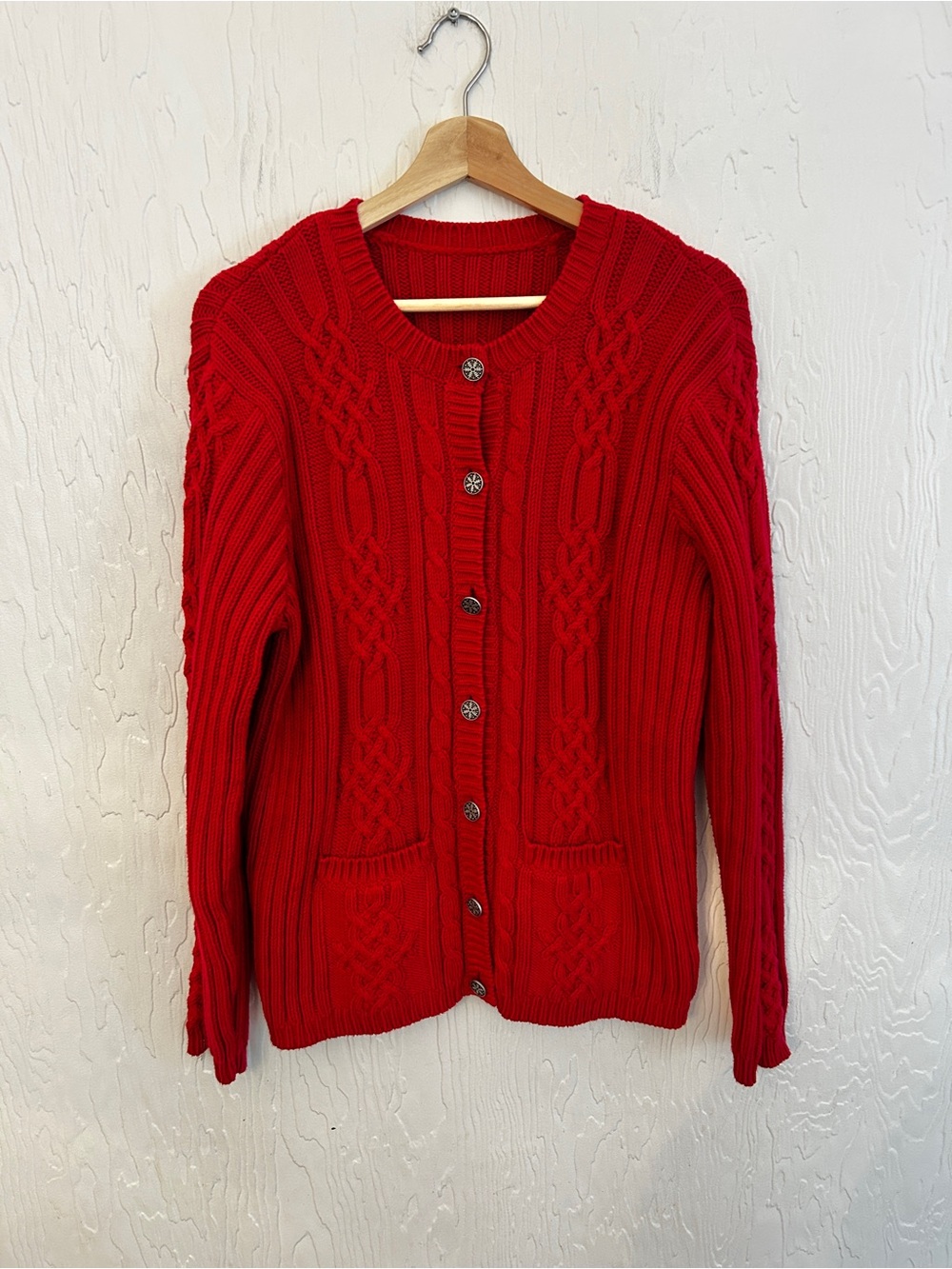 Cotton Cable Knit Cardigan Red Medium Aran Celtic Holiday 90s